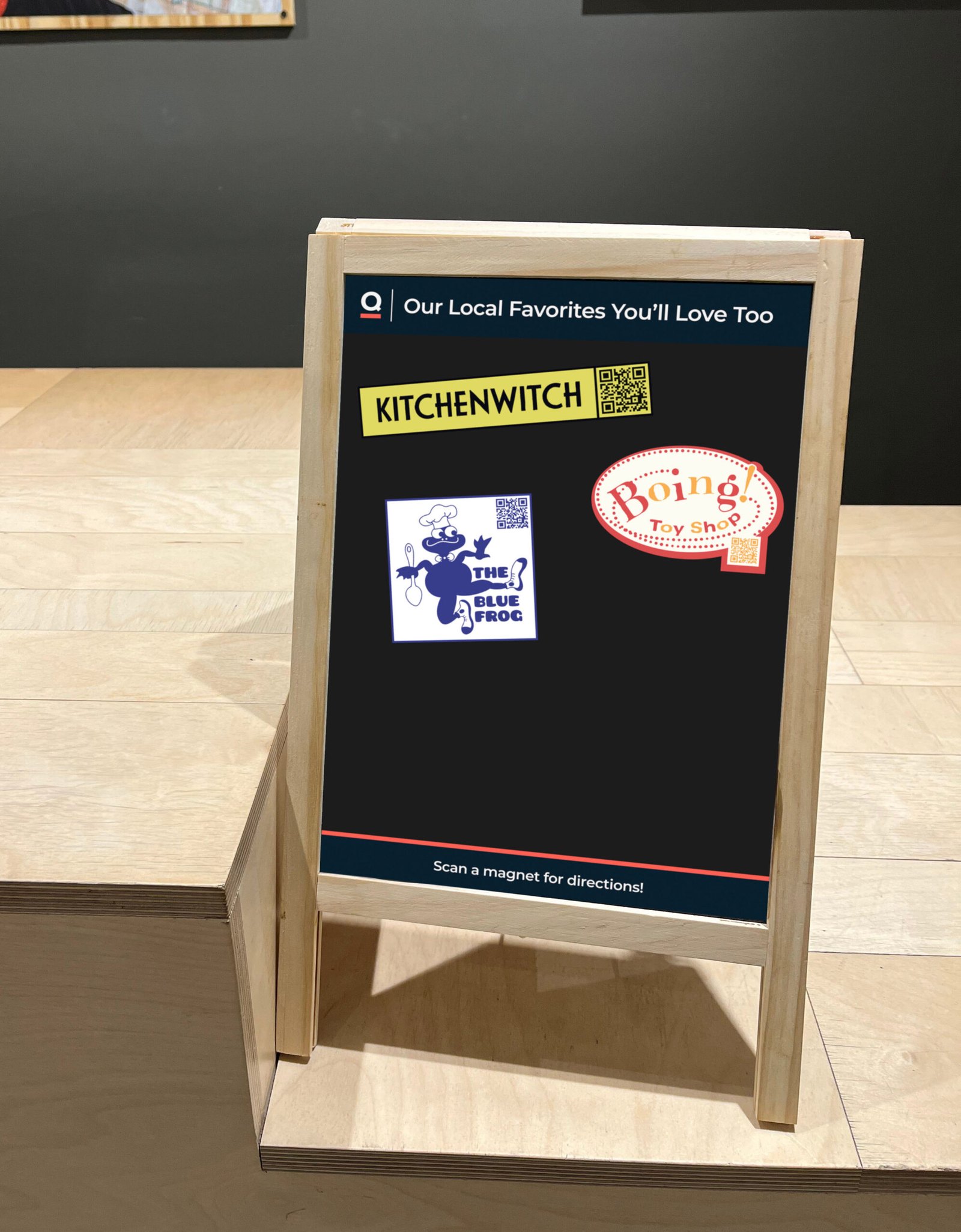 “Our Local Favorites You’ll Love Too” countertop magnet board with business tiles