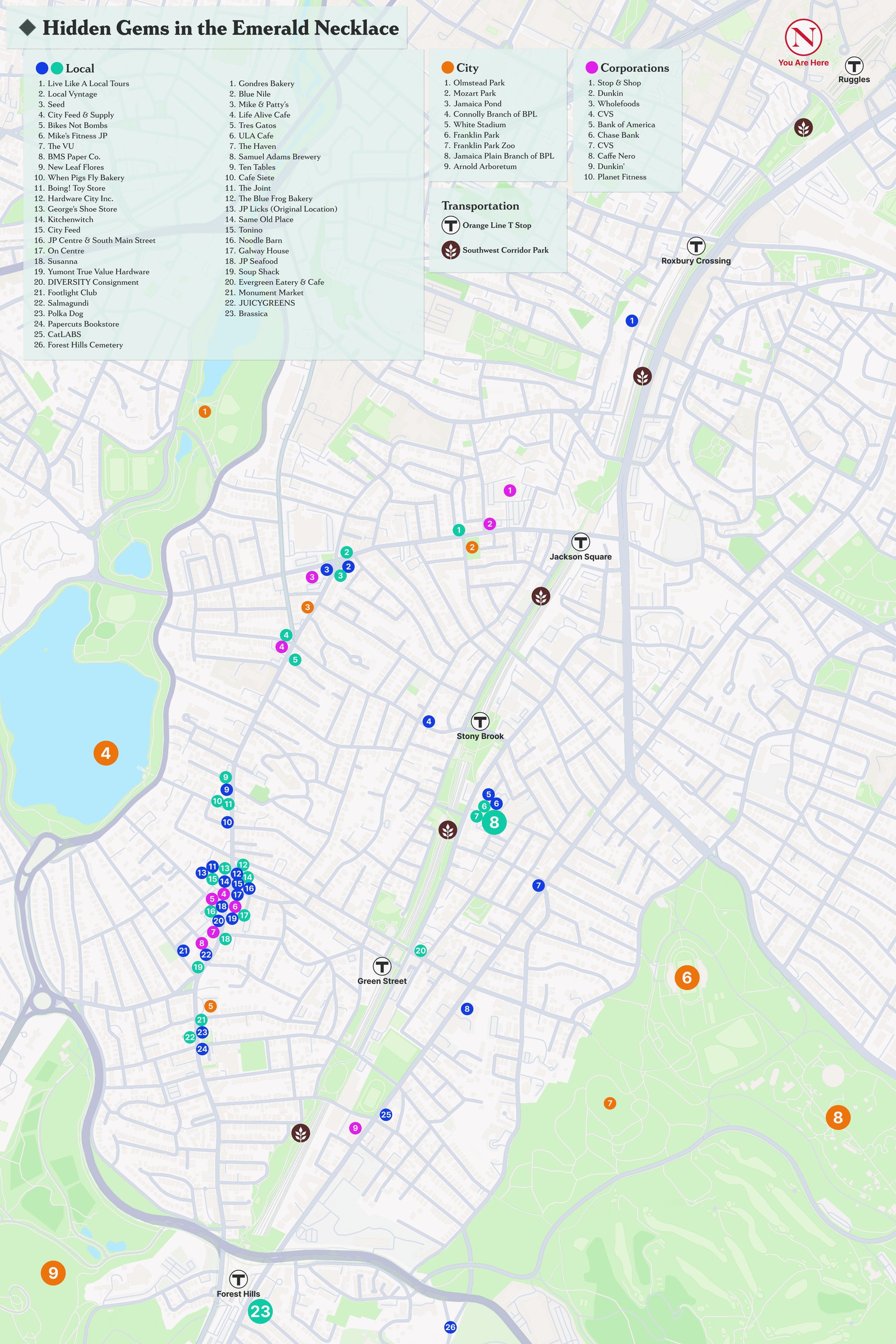 Map of hidden gems in the Emerald Necklace, with local businesses plotted across JP
