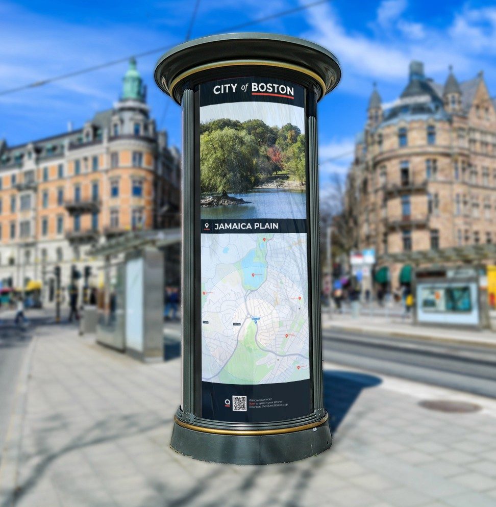 The Jamaica Plain wayfinding totem on a Boston street