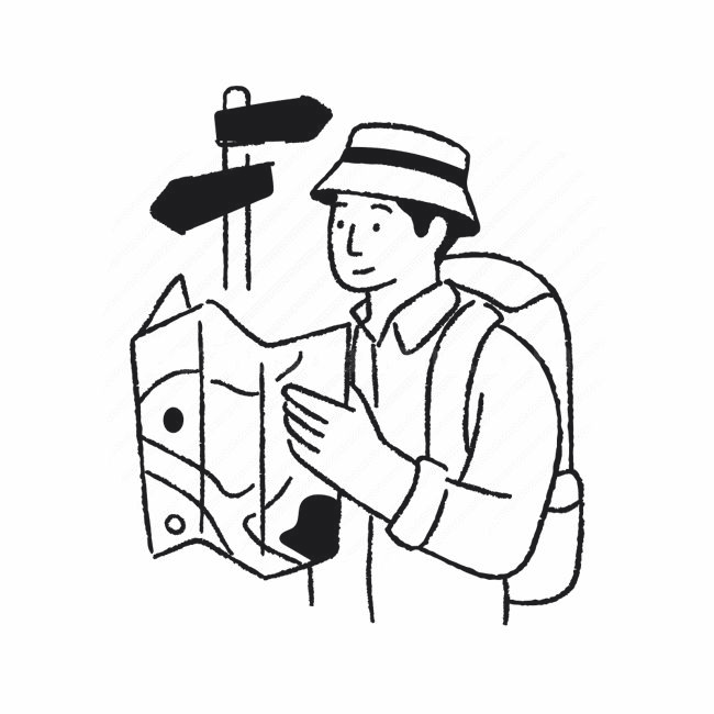 Sketch of a visitor reading a map under a signpost