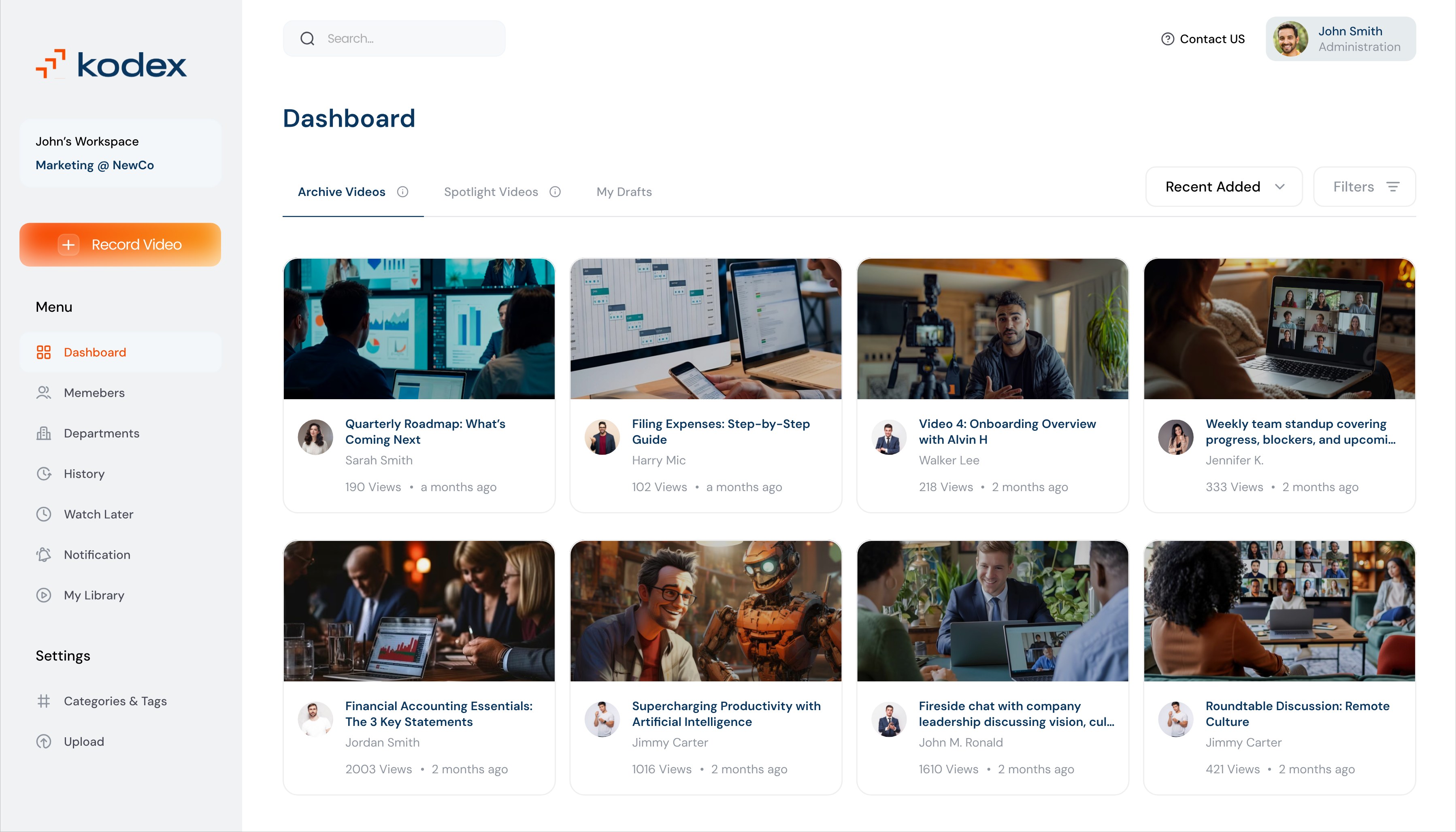 Kodex dashboard with Record Video