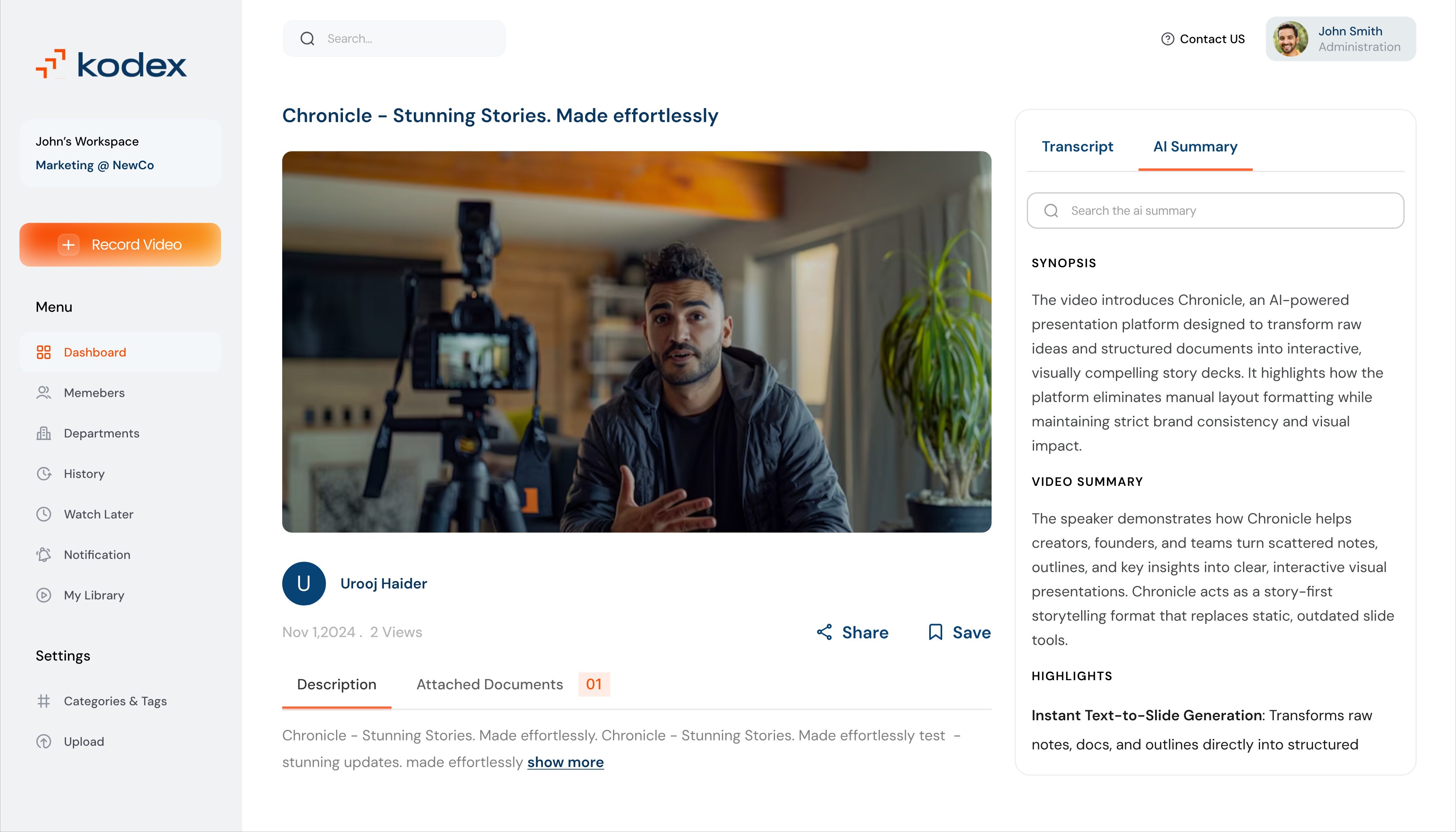 Kodex video page with the AI summary tab: synopsis, video summary and highlights