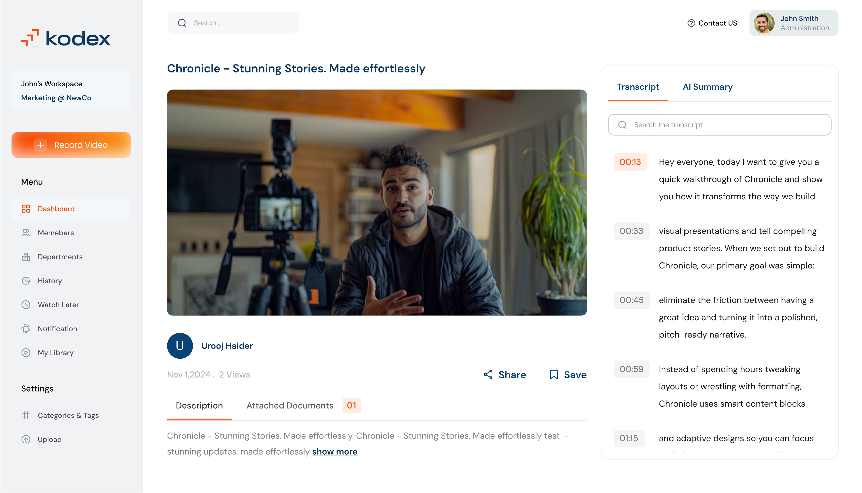 Kodex video page with a timestamped transcript