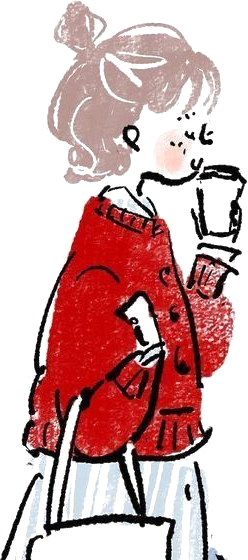Illustration of a girl walking with a coffee
