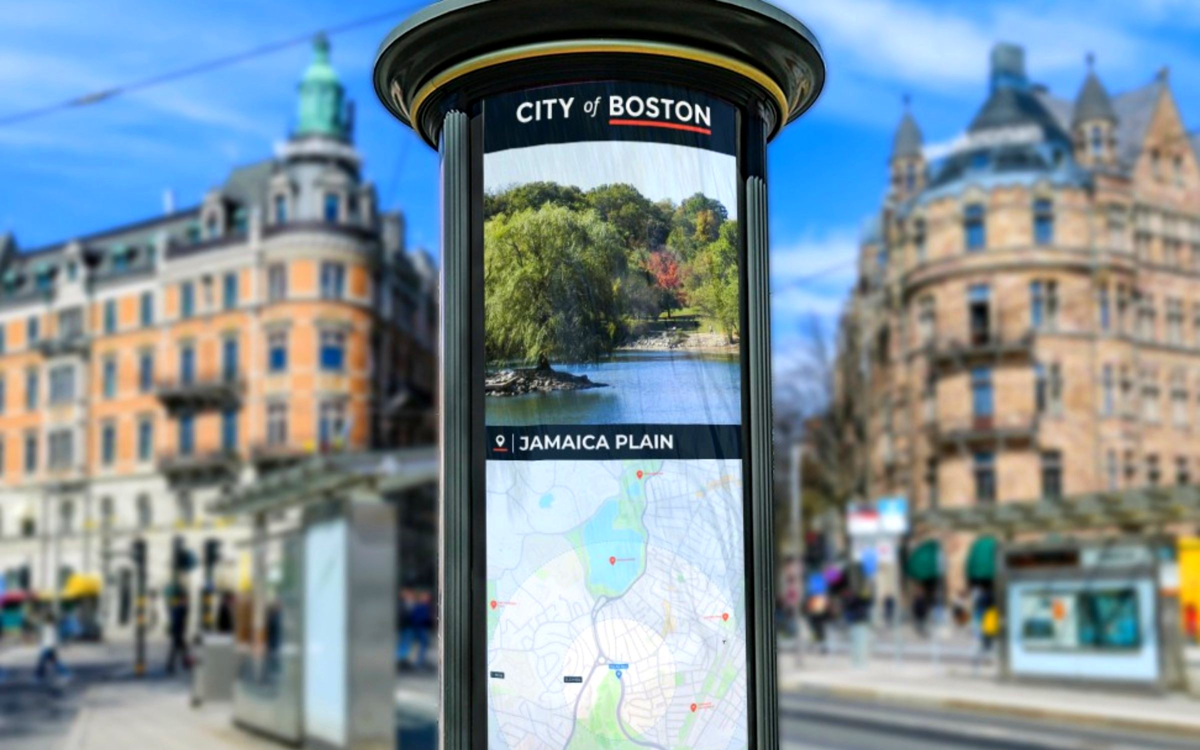 The Jamaica Plain wayfinding totem on a Boston street